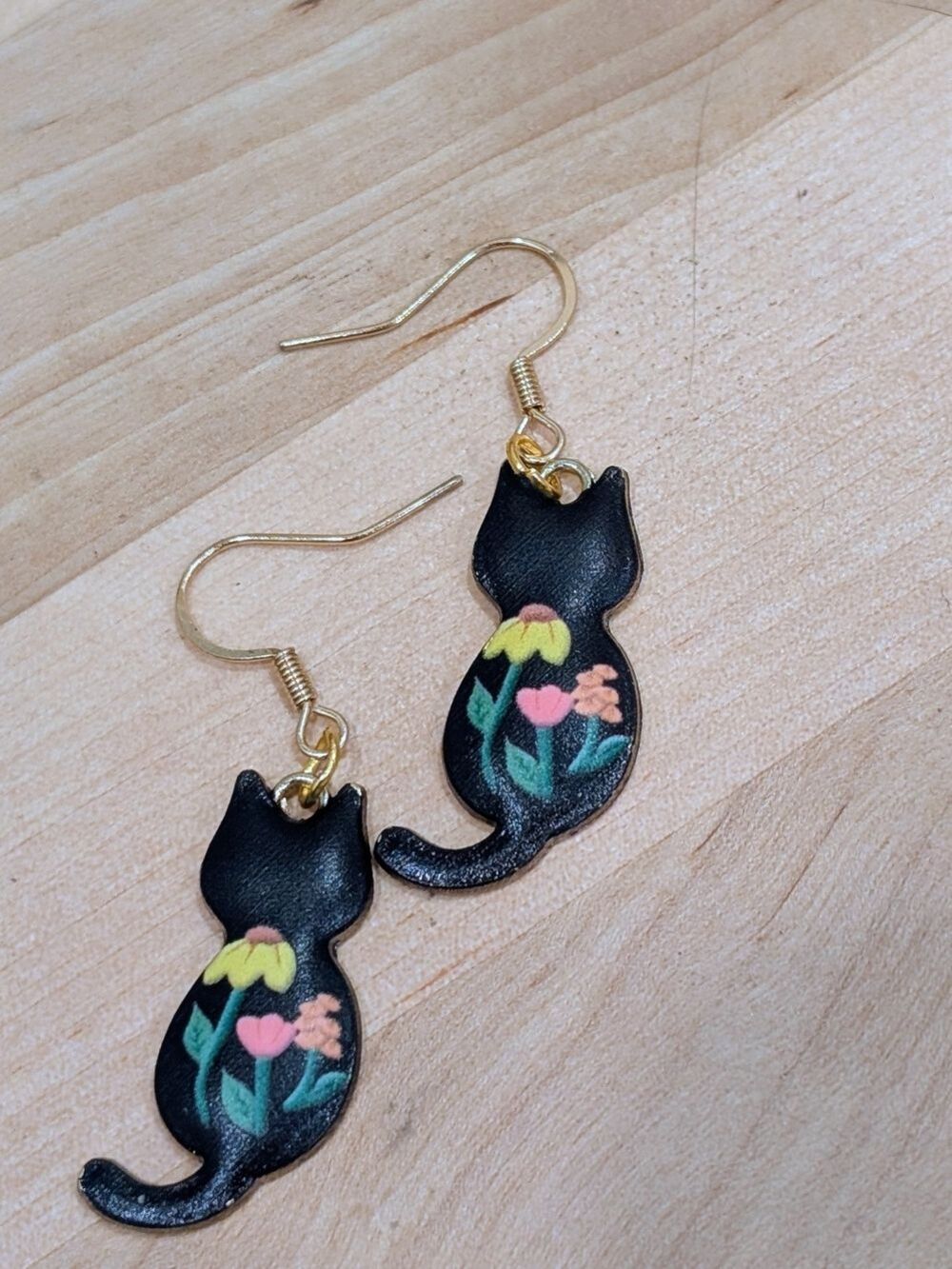 Black Cat Floral Drop Earrings